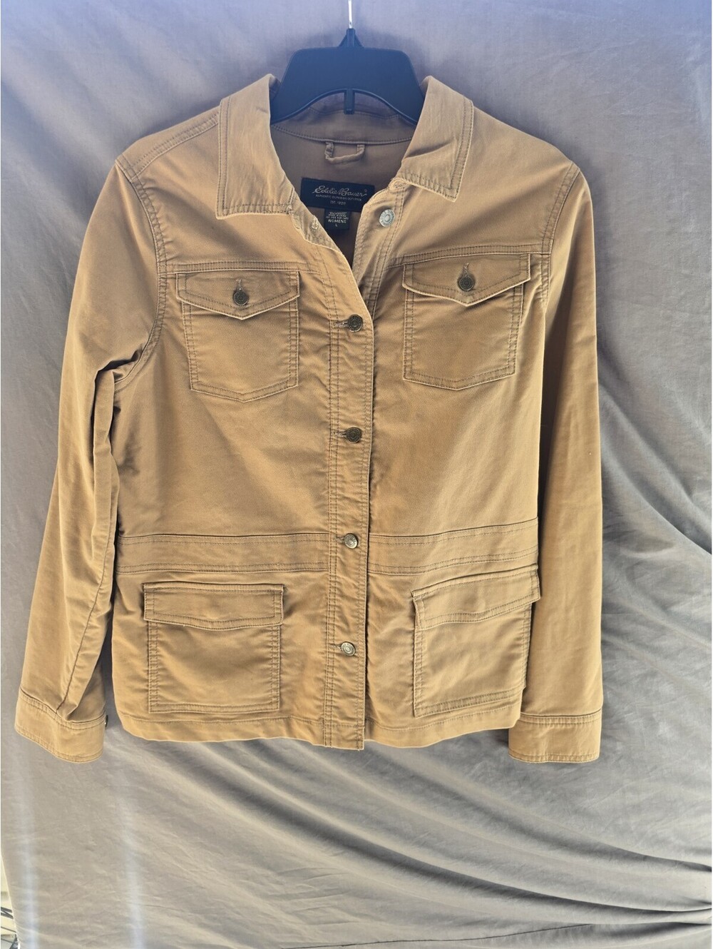 Eddie Bauer Womens Large Tan Canvas Utility Field Jacket Stretch Cotton
